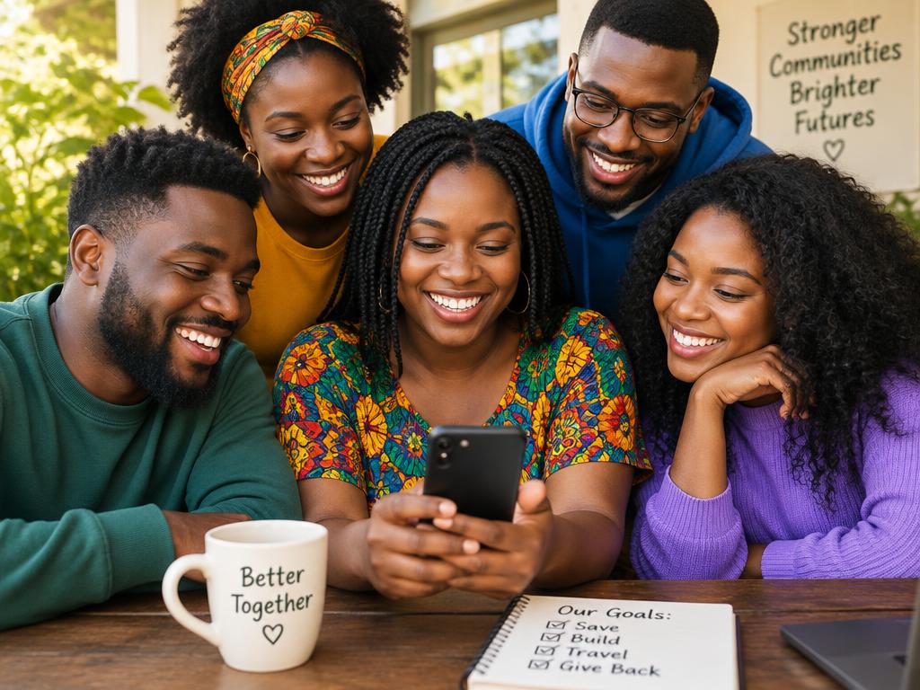 Friends smiling together while checking their savings circle on a phone